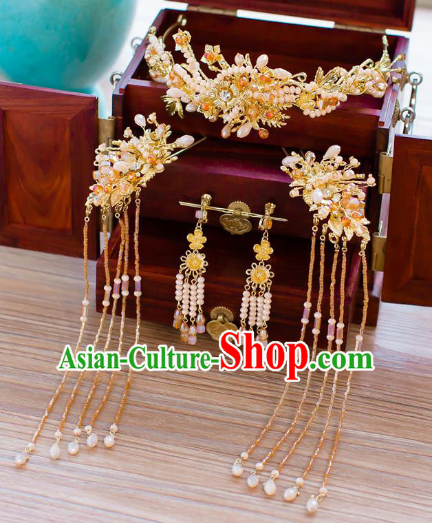 Chinese Traditional Palace Hair Accessories Ancient Hairpins Xiuhe Suit Golden Hair Clasp Complete Set for Women
