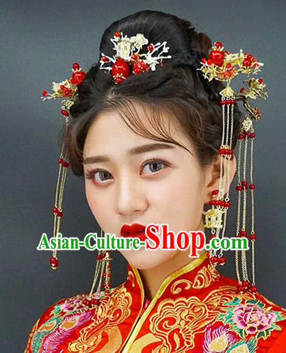 Chinese Traditional Palace Hair Accessories Ancient Hairpins Xiuhe Suit Tassel Step Shake Complete Set for Women