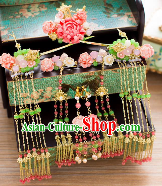 Chinese Traditional Palace Hair Accessories Xiuhe Suit Pink Peony Phoenix Coronet Ancient Hairpins Complete Set for Women