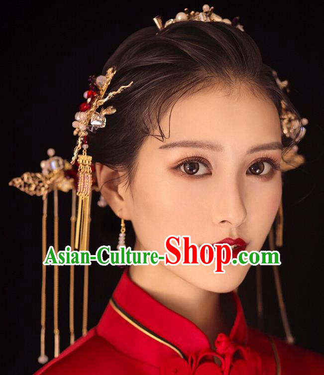 Chinese Traditional Palace Hair Accessories Ancient Hairpins Xiuhe Suit Tassel Step Shake Complete Set for Women