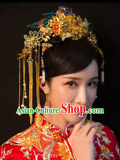 Chinese Traditional Palace Hair Accessories Ancient Hairpins Xiuhe Suit Tassel Blueing Phoenix Coronet Complete Set for Women