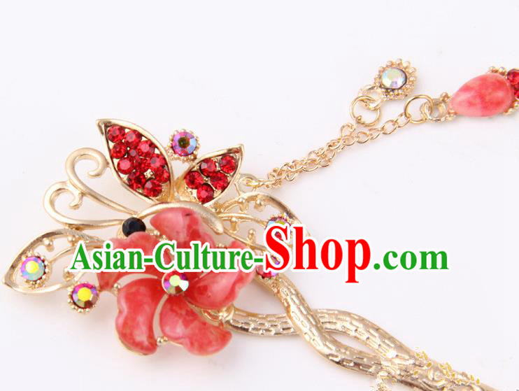 Chinese Traditional Palace Hair Accessories Ancient Red Flowers Hairpins Crystal Hair Clips for Women