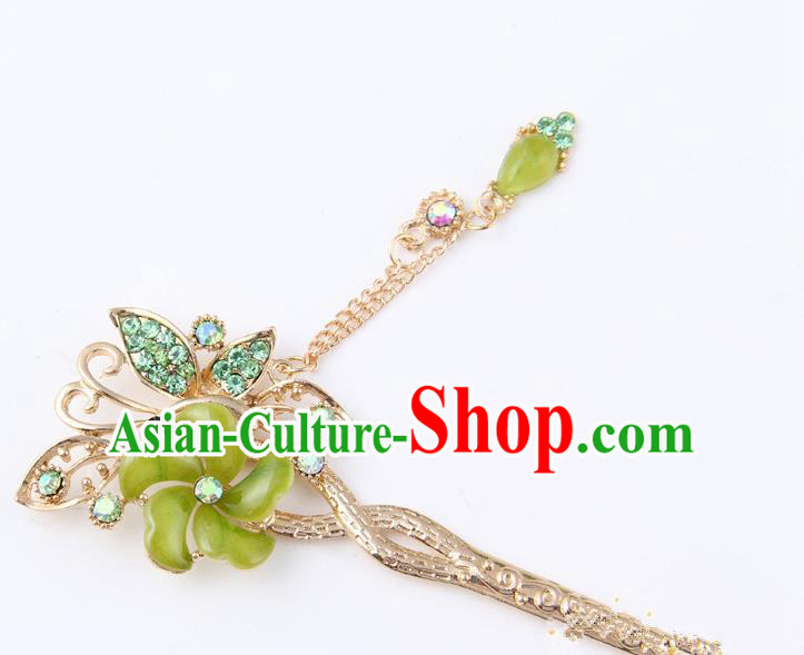 Chinese Traditional Palace Hair Accessories Ancient Green Flowers Hairpins Crystal Hair Clips for Women