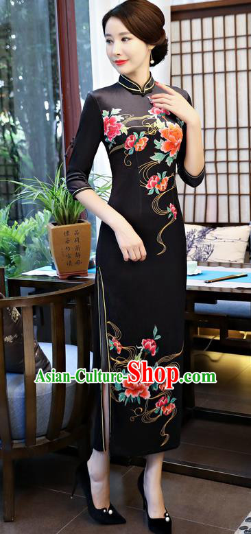 Top Grade Chinese Black Qipao Dress National Costume Traditional Mandarin Cheongsam for Women