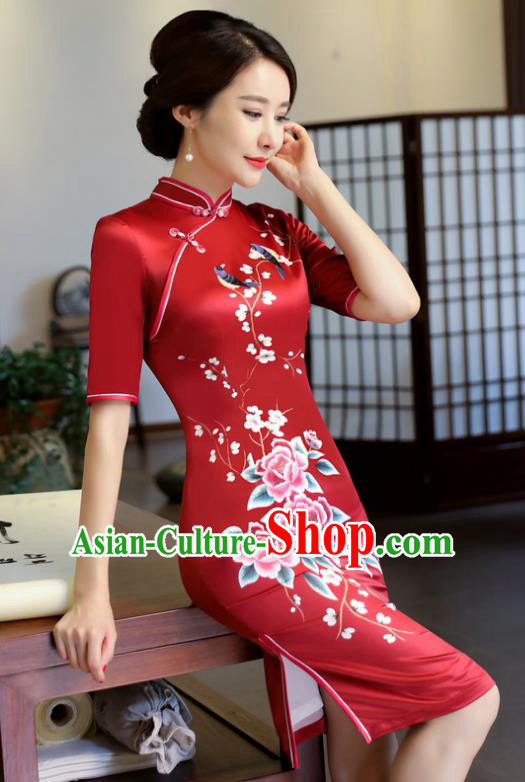 Top Grade Chinese Elegance Red Qipao Dress National Costume Traditional Mandarin Cheongsam for Women