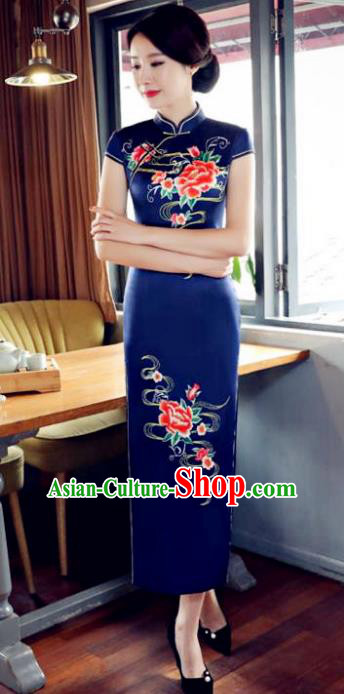 Top Grade Chinese Printing Peony Navy Silk Qipao Dress National Costume Traditional Mandarin Cheongsam for Women