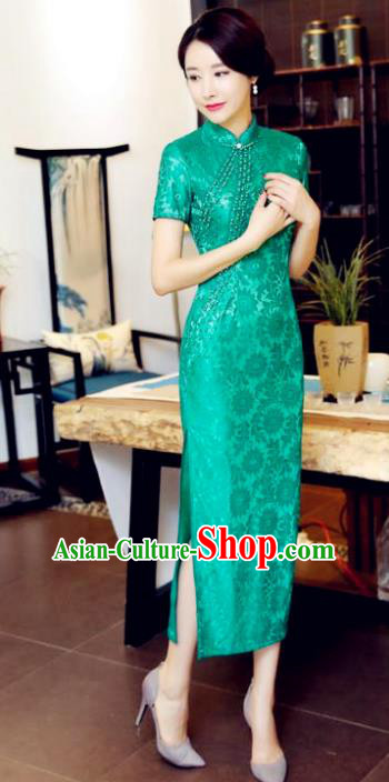 Top Grade Chinese National Costume Green Lace Qipao Dress Traditional Tang Suit Cheongsam for Women