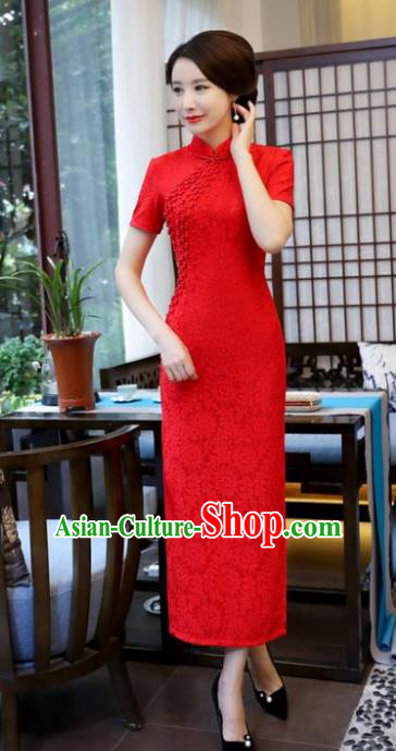 Top Grade Chinese National Costume Red Lace Qipao Dress Traditional Tang Suit Cheongsam for Women