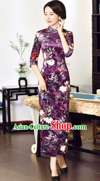 Top Grade Chinese National Costume Purple Velvet Qipao Dress Traditional Tang Suit Cheongsam for Women