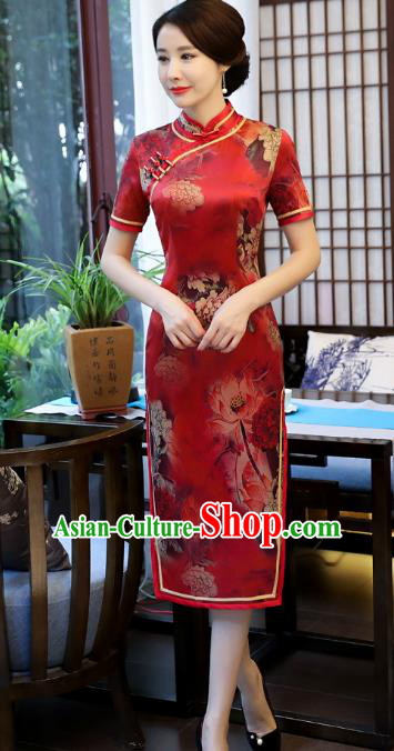 Top Grade Chinese National Costume Printing Lotus Red Silk Qipao Dress Traditional Tang Suit Cheongsam for Women