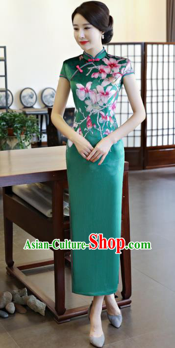 Top Grade Chinese National Costume Printing Peach Blossom Green Silk Qipao Dress Traditional Tang Suit Cheongsam for Women