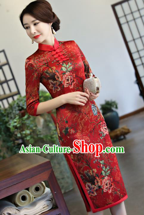 Top Grade Chinese Red Watered Gauze Qipao Dress National Costume Traditional Mandarin Cheongsam for Women