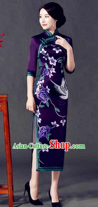 Top Grade Chinese National Costume Printing Crane Purple Silk Qipao Dress Traditional Lace Cheongsam for Women