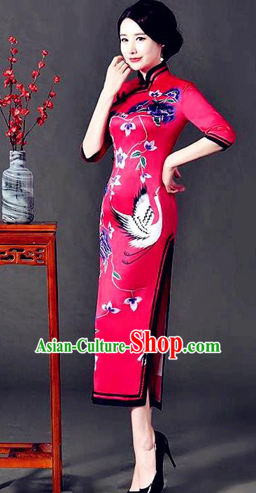 Top Grade Chinese National Costume Printing Crane Red Silk Qipao Dress Traditional Lace Cheongsam for Women