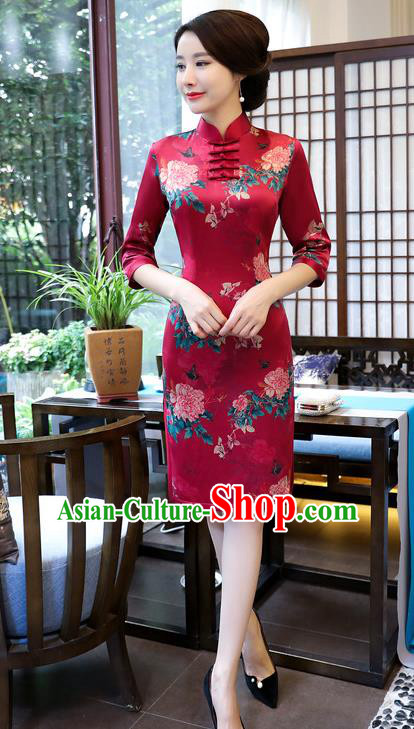 Top Grade Chinese Wine Red Watered Gauze Qipao Dress National Costume Traditional Mandarin Cheongsam for Women