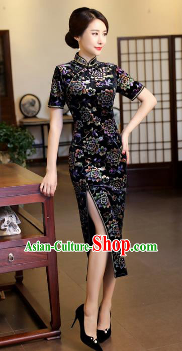Chinese National Costume Handmade Printing Black Velvet Qipao Dress Traditional Cheongsam for Women