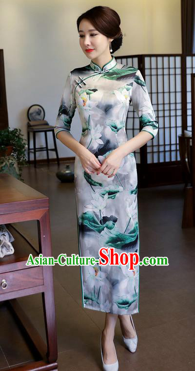 Chinese National Costume Handmade Printing Lotus Silk Qipao Dress Traditional Cheongsam for Women