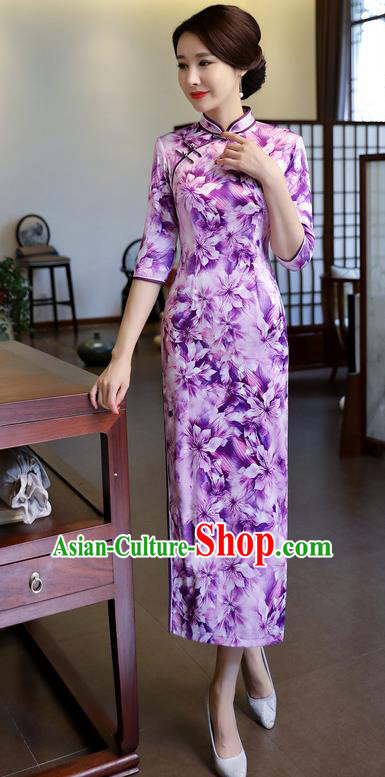 Chinese National Costume Handmade Printing Purple Silk Qipao Dress Traditional Cheongsam for Women