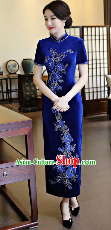 Chinese National Costume Handmade Qipao Dress Traditional Tang Suit Royalblue Velvet Cheongsam for Women