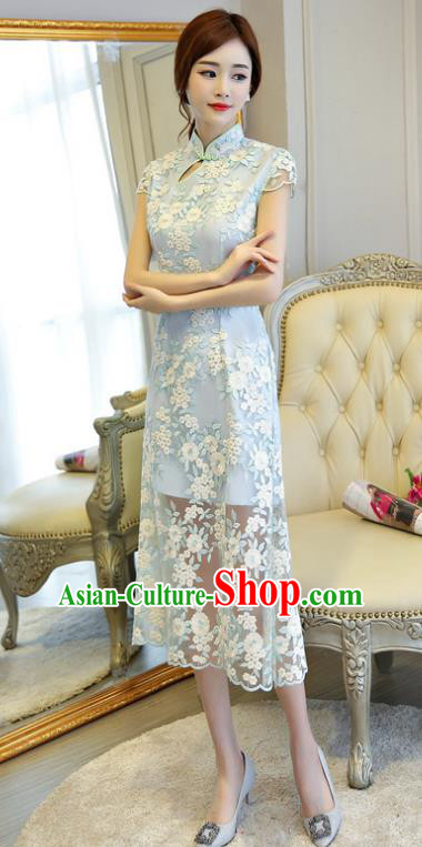 Chinese National Costume Handmade Qipao Dress Traditional Tang Suit Blue Embroidered Cheongsam for Women