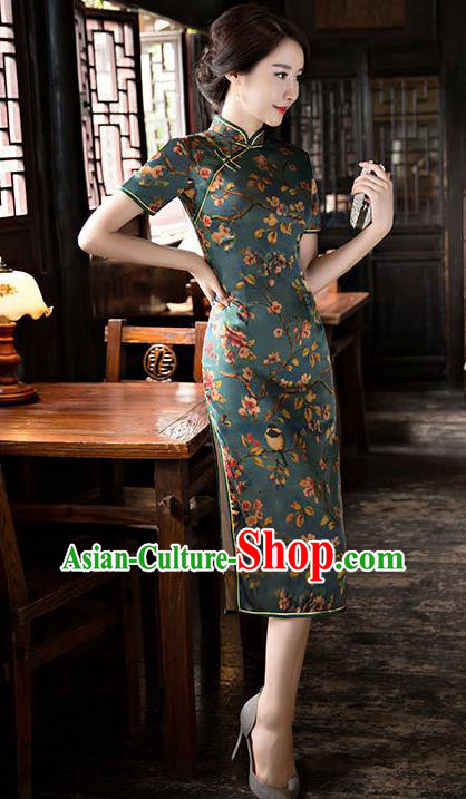 Chinese National Costume Handmade Tang Suit Qipao Dress Traditional Green Watered Gauze Cheongsam for Women