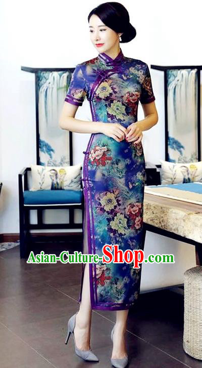 Chinese National Costume Handmade Tang Suit Qipao Dress Traditional Printing Peony Blue Cheongsam for Women