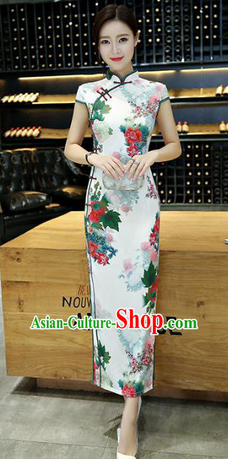 Chinese National Costume Handmade Tang Suit Qipao Dress Traditional Ink Painting Peony Cheongsam for Women