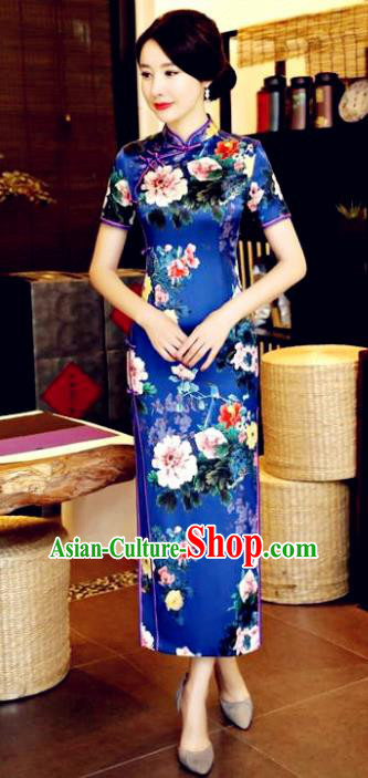 Chinese National Costume Tang Suit Qipao Dress Traditional Printing Flowers Blue Cheongsam for Women