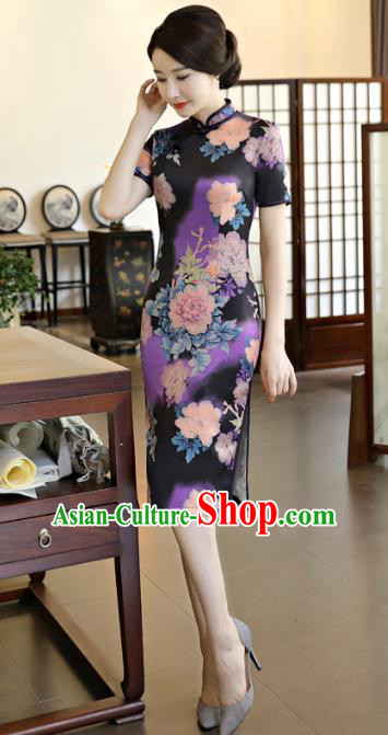 Chinese National Costume Tang Suit Qipao Dress Traditional Printing Purple Cheongsam for Women