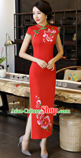 Chinese National Costume Tang Suit Qipao Dress Traditional Printing Peach Blossom Red Cheongsam for Women