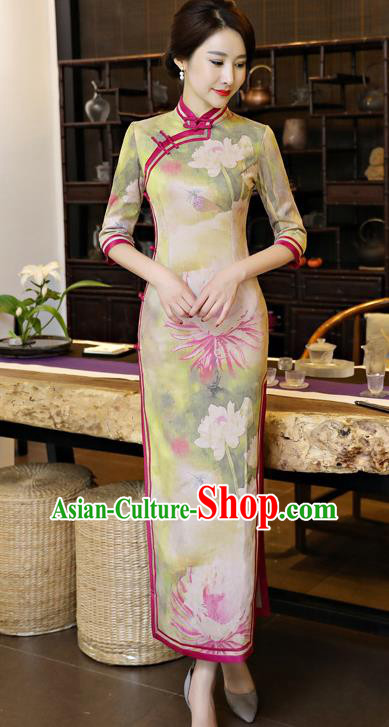 Chinese National Costume Tang Suit Qipao Dress Traditional Printing Lotus Green Cheongsam for Women
