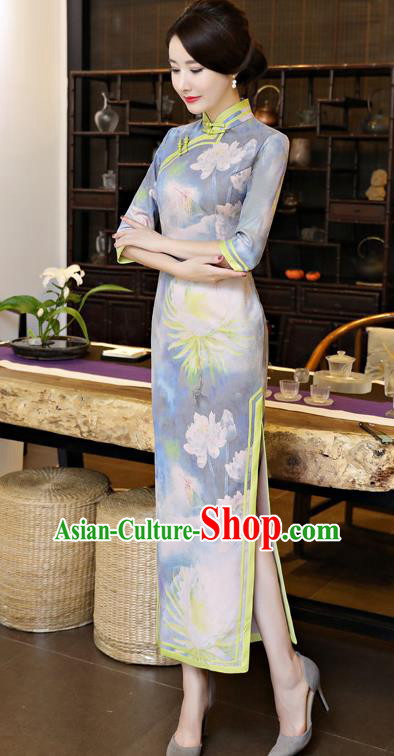 Chinese National Costume Tang Suit Qipao Dress Traditional Printing Lotus Blue Cheongsam for Women