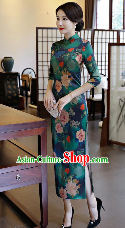 Chinese National Costume Handmade Qipao Dress Traditional Tang Suit Printing Green Watered Gauze Cheongsam for Women