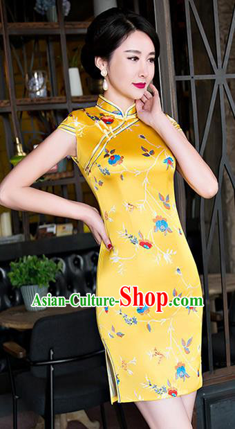 Chinese National Costume Tang Suit Yellow Silk Qipao Dress Traditional Printing Cheongsam for Women