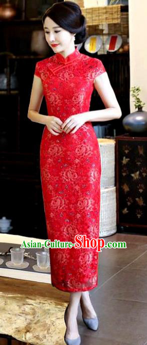 Chinese National Costume Tang Suit Red Silk Qipao Dress Traditional Printing Rose Cheongsam for Women