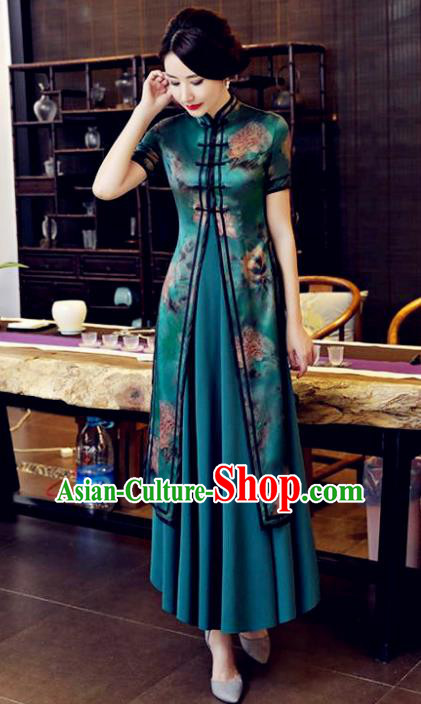 Chinese National Costume Tang Suit Silk Qipao Dress Traditional Printing Two-pieces Blue Cheongsam for Women