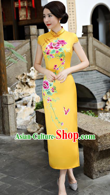 Chinese National Costume Tang Suit Silk Qipao Dress Traditional Printing Peony Yellow Cheongsam for Women