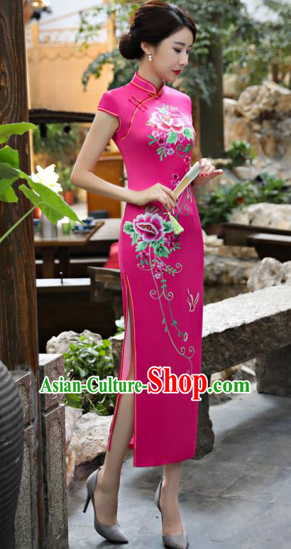 Chinese National Costume Tang Suit Silk Qipao Dress Traditional Printing Peony Rosy Cheongsam for Women