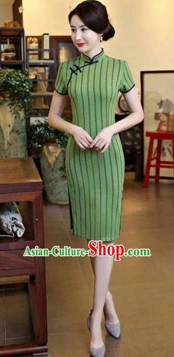 Chinese National Costume Tang Suit Qipao Dress Traditional Green Linen Cheongsam for Women