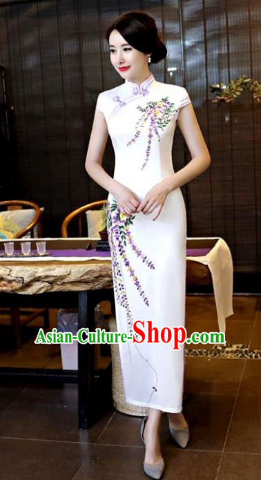 Chinese National Costume Tang Suit Qipao Dress Traditional Printing Wisteria White Cheongsam for Women