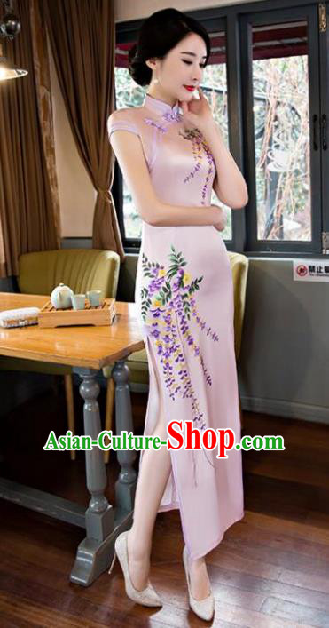 Chinese National Costume Tang Suit Qipao Dress Traditional Printing Wisteria Pink Cheongsam for Women