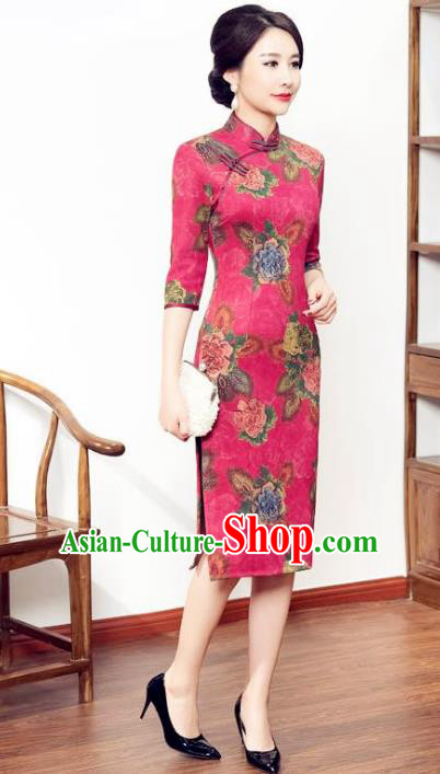 Chinese National Costume Tang Suit Qipao Dress Traditional Pink Suede Fabric Cheongsam for Women