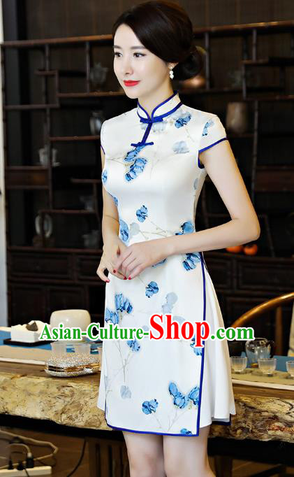 Chinese National Costume Tang Suit Retro Qipao Dress Traditional Printing White Silk Cheongsam for Women