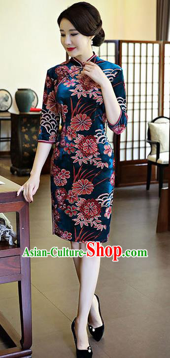 Chinese National Costume Handmade Peacock Blue Velvet Qipao Dress Traditional Tang Suit Printing Chrysanthemum Cheongsam for Women