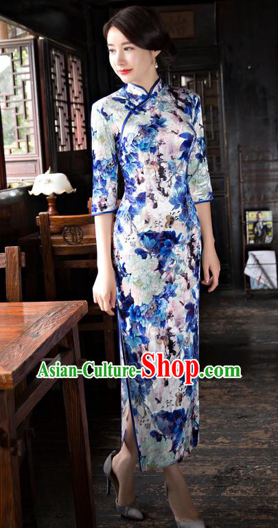 Chinese National Costume Handmade Light Blue Velvet Qipao Dress Traditional Tang Suit Printing Cheongsam for Women