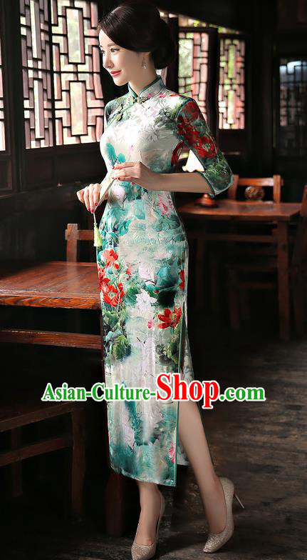 Chinese National Costume Handmade Green Velvet Qipao Dress Traditional Tang Suit Printing Cheongsam for Women