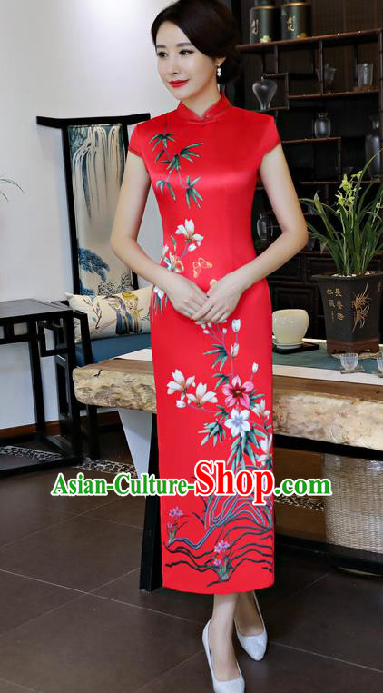 Chinese National Costume Handmade Red Silk Qipao Dress Traditional Tang Suit Printing Cheongsam for Women