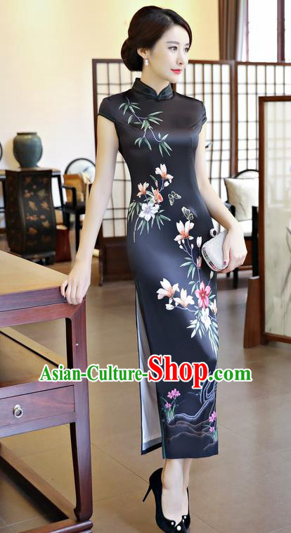 Chinese National Costume Handmade Black Silk Qipao Dress Traditional Tang Suit Printing Cheongsam for Women