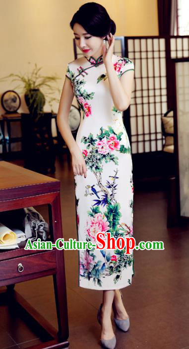 Chinese National Costume Handmade Printing Peony Qipao Dress Traditional Tang Suit White Silk Cheongsam for Women