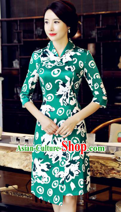 Chinese National Costume Handmade Printing Green Qipao Dress Traditional Tang Suit Cheongsam for Women